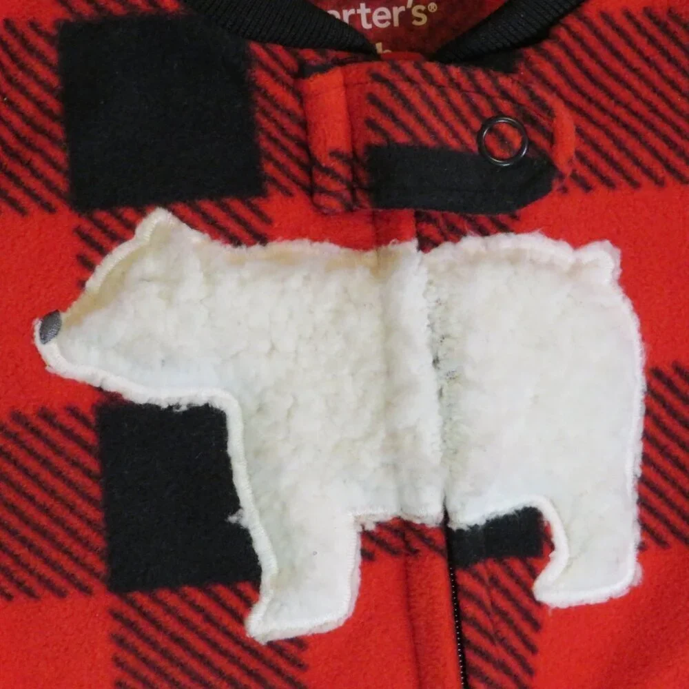 Baby Red & Black Buffalo Check zippered-footed bodysuit with fleece Polar Bear